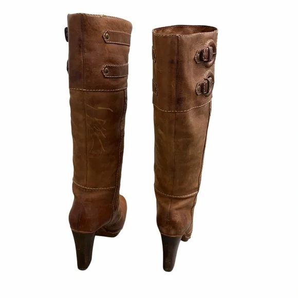 Frye Frankie Buckle Boots Leather Heeled Tall Brown 8 - Picture 7 of 12